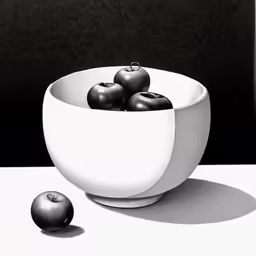 black and white photograph of a bowl with apples