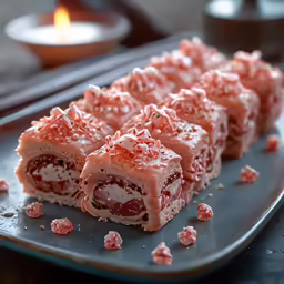 there is a plate filled with candy rolls