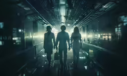 three people in a dark alley one is holding onto a luggage bag