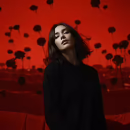 woman stands in front of a red flower - themed wall
