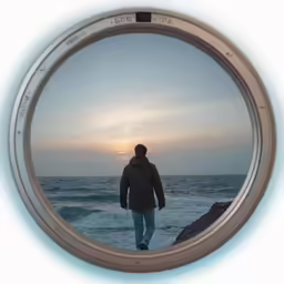 a view from the reflection of a man standing in front of the ocean