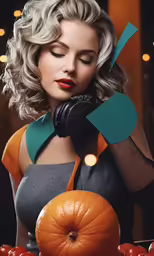woman with hands on her face near apples and pumpkins