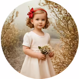 a little girl in a dress holding a bouquet of flowers