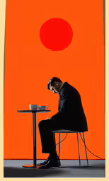a man sitting in a chair next to a table