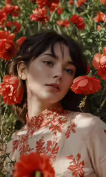 a woman is standing amongst a field of red flowers