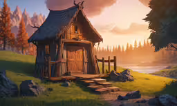 a small wooden hut with steps to a porch by the water,a house that is on some grass near the water