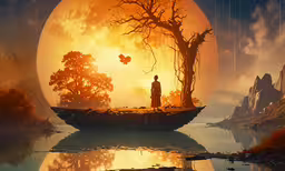 a person standing on the edge of a small lake under a tree,a man standing on a tree, with a half full moon and water in the background
