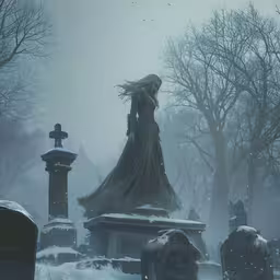 woman with hair blowing in wind at cemetery,an image of a woman walking in a graveyard