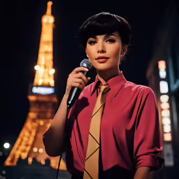 a woman in a dress shirt and tie holding a microphone