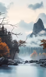 there is a foggy mountain in the background