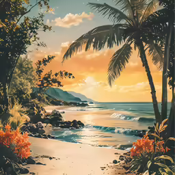 painting of an ocean beach with coconut trees and waves