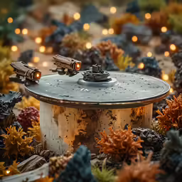 the space ship is sitting on the surface of plants