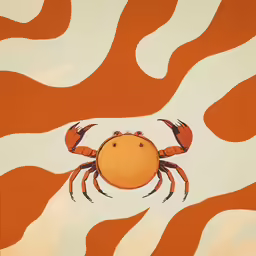 an orange crab with red claws under white stripes