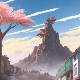 a drawing of the street, mountain, and sky in an anime