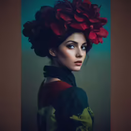 a woman with a red flower in her hair