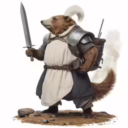 a dog dressed up as a knight with a sword