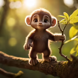 a small baby monkey is standing on the branch of a tree
