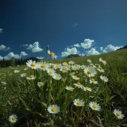 white and yellow daisys sit in the foreground in a meadow