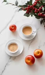 a close up of a cup of coffee on a table near fruit