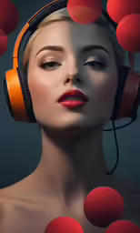 a woman with headphones is photographed in red balls