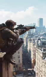 the man is holding his gun and aiming at something