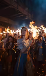 woman clapping fire with people watching