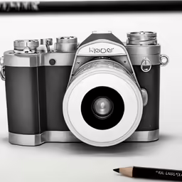 a drawing of a camera with a pencil next to it