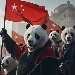 several panda bears standing with flags around them
