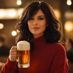 a woman in a red sweater holding a mug of beer