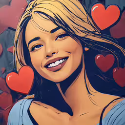 an animated image of a beautiful woman with hearts,a painting of a girl with hearts over her head