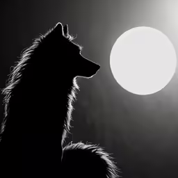 a black and white silhouette of a wolf sitting in the moon