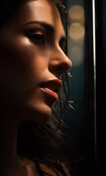 the woman is looking out a window in front of night lights