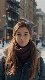 a girl is standing in the snow on a winter day