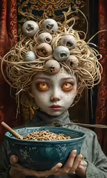 a woman with eyes open holding a blue bowl