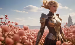a woman dressed in armor in the middle of a flower meadow