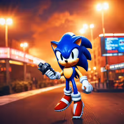 a cartoon character is holding a tennis racquet,a sonic character holding a baseball bat on a city street