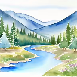 watercolor painting of mountains and stream with trees,a watercolor painting of mountains, water, and trees,a painting of mountains, water, trees and a stream,a watercolor painting of a river and mountains,watercolor of river in a meadow with trees