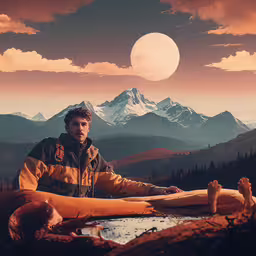 a man sitting on top of a lake next to ducks,a man sitting on top of a mountain next to a lake