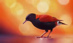 a red and black bird perched on a table