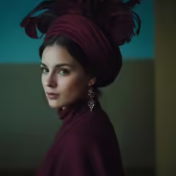 a woman with dark hair and a red hat