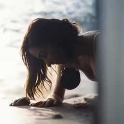 an attractive young lady leans down as she lays on a bed