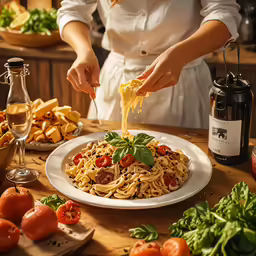 woman making tomato sauce over spaghetti with cheese