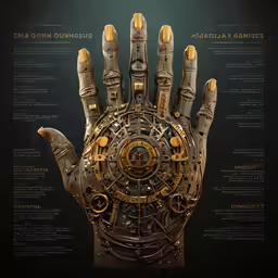 an old hand with gears and gold detailing on a black background