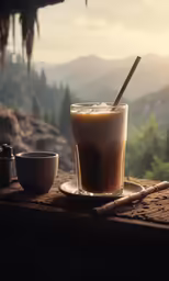 a coffee drink on a table overlooking the mountains