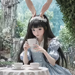 a cute girl is having a drink of tea while bunting her ears