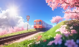 a red and white train traveling along a lush green field