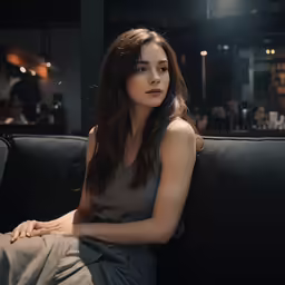 a woman in grey sitting on top of a couch