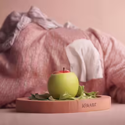 an apple sitting in the middle of a bed