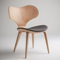 a wooden chair with grey seat