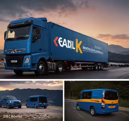 three trucks parked side by side on the side of the road,a double blue truck parked on the side of the road
